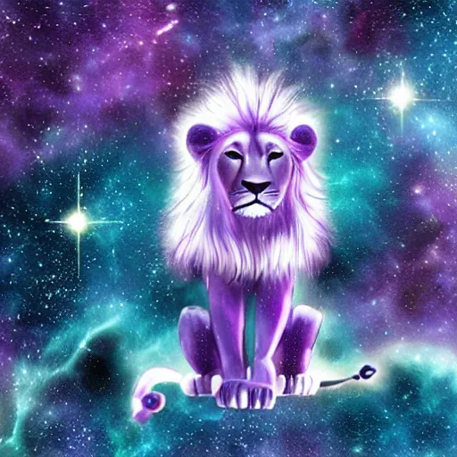 Image similar to a purple lion in space