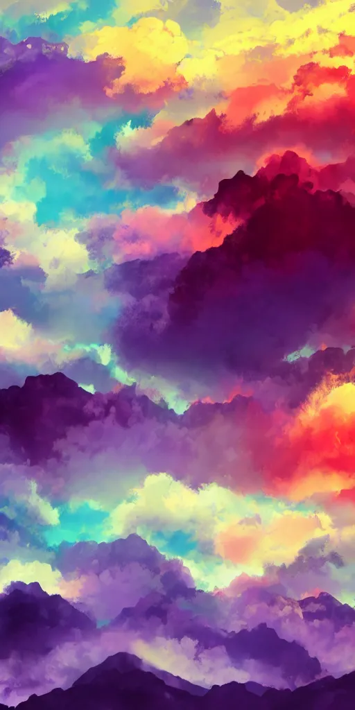 Prompt: high quality digital artwork of colorful purple red magical storm clouds around a tall mountain range