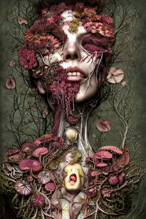 Image similar to beautiful and detailed rotten woman corpse with fractal plants and fractal flowers and mushrooms growing around, face muscles, veins, arteries, intricate, ornate, surreal, ray caesar, john constable, guy denning, dan hillier