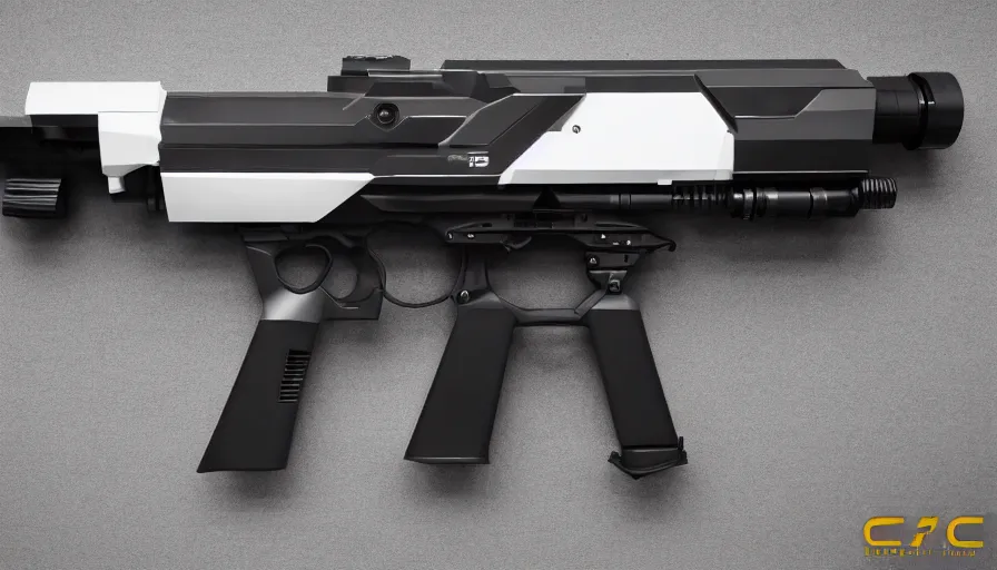 Image similar to extremely detailed realistic side view of a sci fi bullpup laser rifle, detailed trigger, chemically propelled, battery powered, smooth streamline, battery and wires, railgun, chemrail, gauss, elegant sleek smooth body, white paint, smooth utopian design, ultra high quality, minimalist, octane, cod, destiny, warframe, terminator