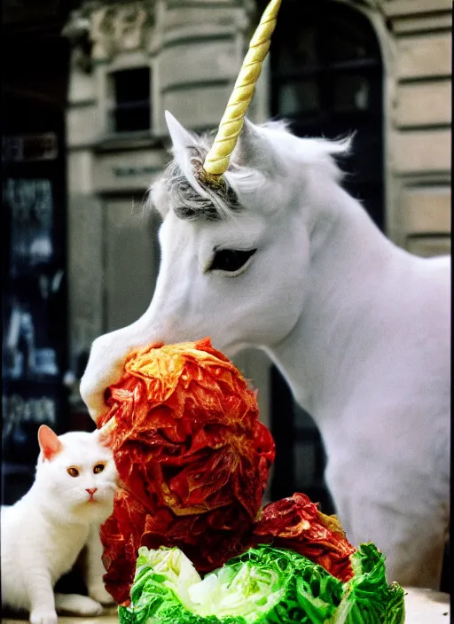 Prompt: a unicorn in paris, a cat and a piece of cabbage are bursting out of the unicorn, lsd, canon 5 d 5 0 mm lens kodachrome