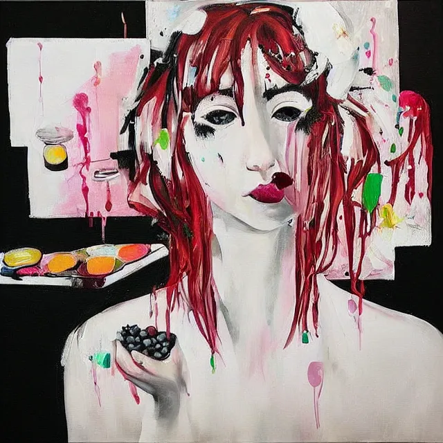 Image similar to “ a portrait in a female art student ’ s apartment, sensual, a pig theme, art supplies, paint tubes, ikebana, herbs, a candle dripping white wax, black walls, squashed berries, berry juice drips, acrylic and spray paint and oilstick on canvas, surrealism, neoexpressionism ”