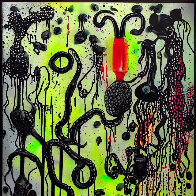 Prompt: black drips, lime drips, xray, vine, portrait of a female art student, scientific glassware, oscilloscope, x - ray, sensual, sweet almost oil, almond blossom, squashed berries dripping, octopus, candlelight, neo - impressionist, surrealism, acrylic and spray paint and oilstick on canvas