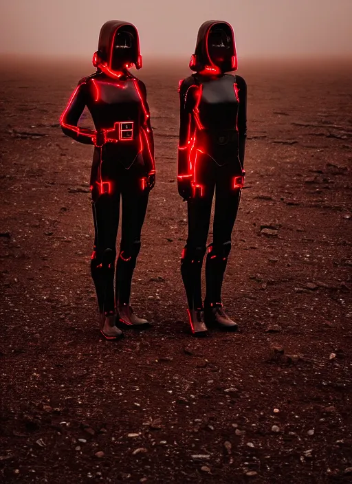 Image similar to cinestill 5 0 d photographic portrait of two loving female androids wearing rugged black techwear on a desolate plain with a red sky, extreme closeup, cyberpunk style, garters, body suits, dust storm, 8 k, hd, high resolution, 3 5 mm, f / 3 2, ultra realistic faces, ex machina