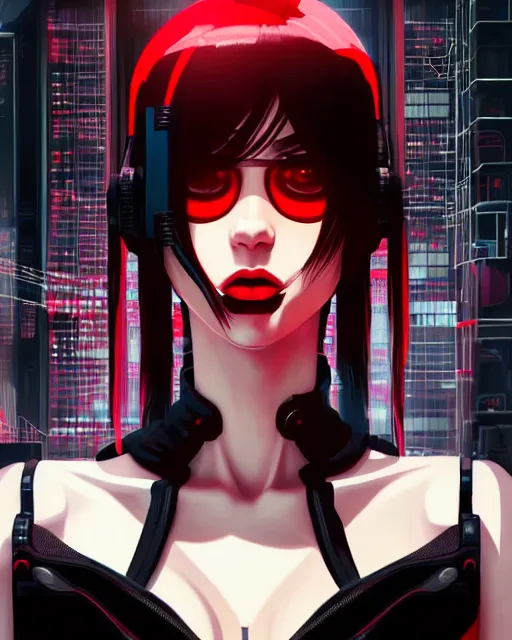 Image similar to a detailed potrait of a cyberpunk cyborg girl with black and red parts, perfect face, realistic shaded perfect face, detailed. night setting. very anime style. realistic shaded lighting poster by ilya kuvshinov katsuhiro, unreal engine, global illumination, radiant light, detailed and intricate environment, full length and white stockings