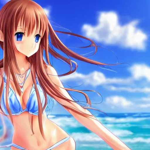 Image similar to a very beautiful young yuuki asuna,, full body, long wavy hair, sky blue eyes, full round face, bikini, miniskirt,, cinematic wallpaper by yusuke murata