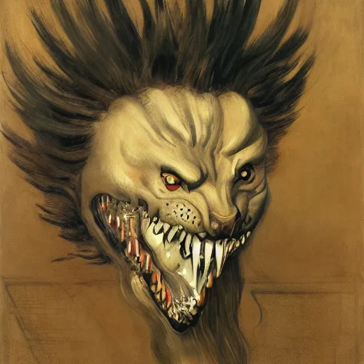 Image similar to demiurge head face eyes fangs serpent serpent python wearing a lion costume furry ears neck neck tall long viper j.m.w. turner greg rutkowski giorgio de chirico william merritt chase ralph steadman arsen savadov dan witz uta natsume