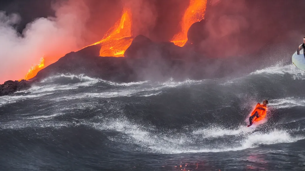 Image similar to medium shot of a person wearing a sponsored team jersey surfing down a river of lava on the side of a volcano on surfboard, action shot, dystopian, thick black smoke and fire, sharp focus, medium shot