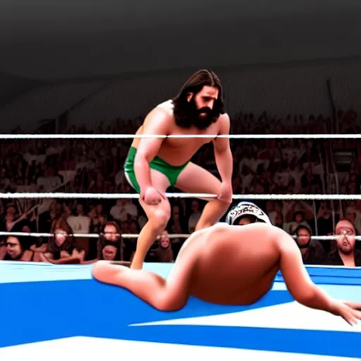 Prompt: Jesus at a wrestling match, photorealistic, 4K