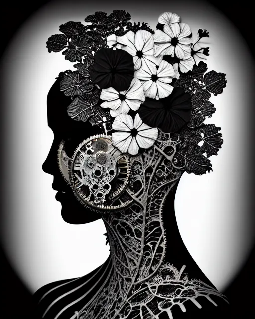 Image similar to black and white masterpiece profile portrait painting with no frame, dutch masters, silver lace floral steampunk biomechanical beautiful one techno eye young female cyborg, big monocular, volumetric light, leaves foliage and stems, hibiscus flowers, by dora maar, rim light, big gothic fashion pearl embroidered collar, 8 k