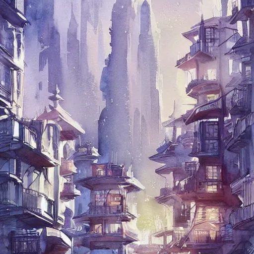 Image similar to Beautiful happy picturesque charming sci-fi city in harmony with nature. Beautiful light. Nice colour scheme, soft warm colour. Beautiful detailed watercolor by Lurid. (2022)