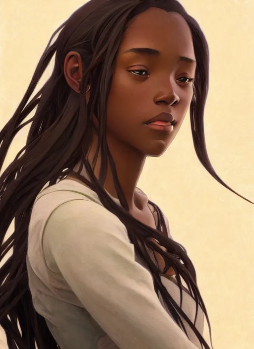 Image similar to pretty young black woman with shoulder length hair, path traced, highly detailed, high quality, digital painting, by studio ghibli and alphonse mucha, leesha hannigan, makoto shinkai, disney