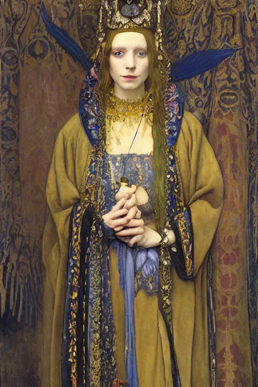 Prompt: portrait of the corvid queen by Donato Giancola and John Bauer and Vermeer, embroidered velvet, iridescent beetles, rich color, ornate headdress, flowing robes, sacred artifacts, lost civilizations,featured on Artstation, cgisociety, unreal engine, extremely detailed