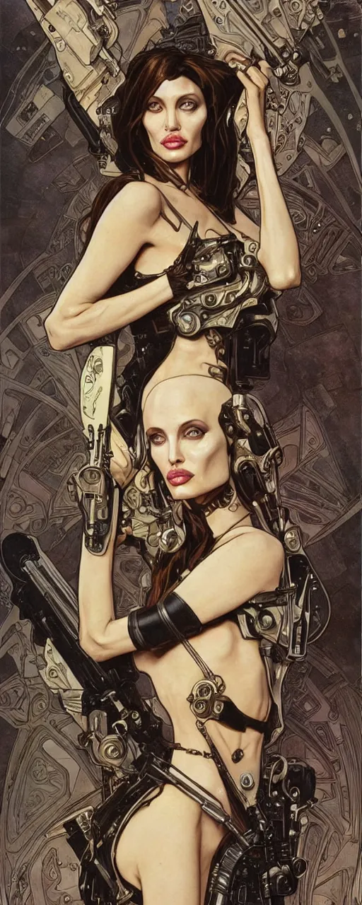 Image similar to beautiful stunning sci - fi art nouveau portrait of angelina jolie as an ironpunk rebel soldier by travis charest, moebius and alphonse mucha, photorealism, extremely hyperdetailed, perfect symmetrical facial features, perfect anatomy, ornate declotage, weapons, circuitry, high technical detail, determined expression, piercing gaze