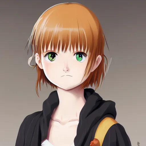 Image similar to a cute pretty young girl, with short ginger hair that is middle parted, with freckles, scowling and angry, with green eyes, wearing a black cloak, anime key visual, digital art, DD, concept art, trending on art station, 8k, official media from spirited away