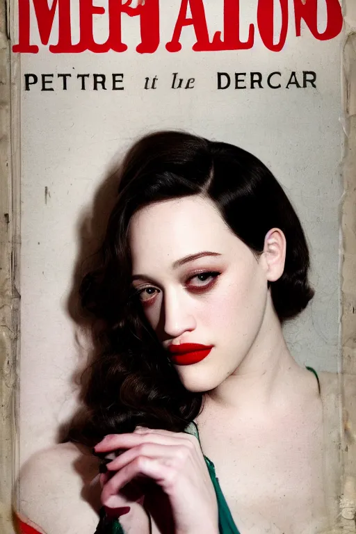 Prompt: A Pulp Noir book cover featuring a portrait of featuring Kat Dennings looking at camera, medium close up, by Monia Merlo