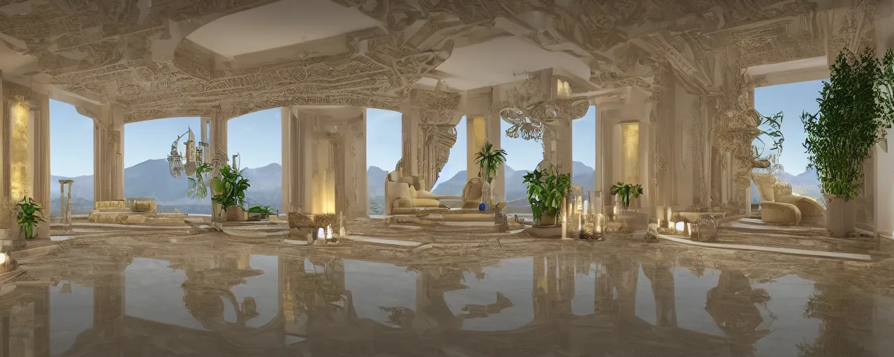 Image similar to 3 d render of a cinematic interior of a triple height hyper luxury spa with everything made of gold, candles, windows with view to desert mountains and river, beige stone marble floor with reflection, small wellness relaxation pool, potted plants, intricate hieroglyph detailed roof, contemporary design, fractal sacred geometry, 8 k, hyperrealistic, photorealism,