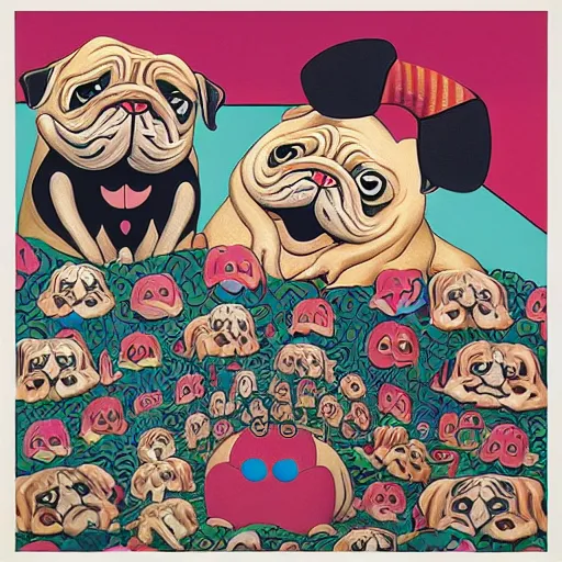 Prompt: adorable pugs we're going to dance and have some fun on the beach, head banging groove is in the heart, painted by james jean and fernando botero