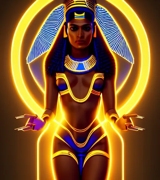 Image similar to symmetry!! egyptian goddess of technology, solid cube of light, hard edges, product render retro - futuristic poster scifi, lasers and neon circuits, brown skin beautiful egyptian goddess, intricate, elegant, highly detailed, digital painting, artstation, concept art, smooth, sharp focus, illustration, dreamlike, art by artgerm