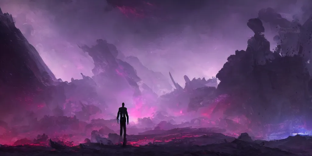 Image similar to one small male silhouette standing in the ruins of crux prime, purple fiery maelstrom in the distance, digital art, artstationhq