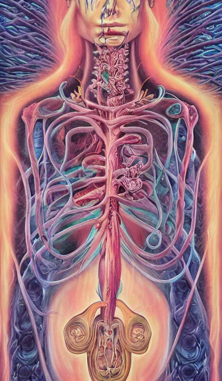 Prompt: a biomorphic painting of the high priestess tarot card, a anatomical medical illustration by nychos and alex grey, cgsociety, neo - figurative, pastel blues and pinks, detailed painting, rococo, oil on canvas, lovecraftian