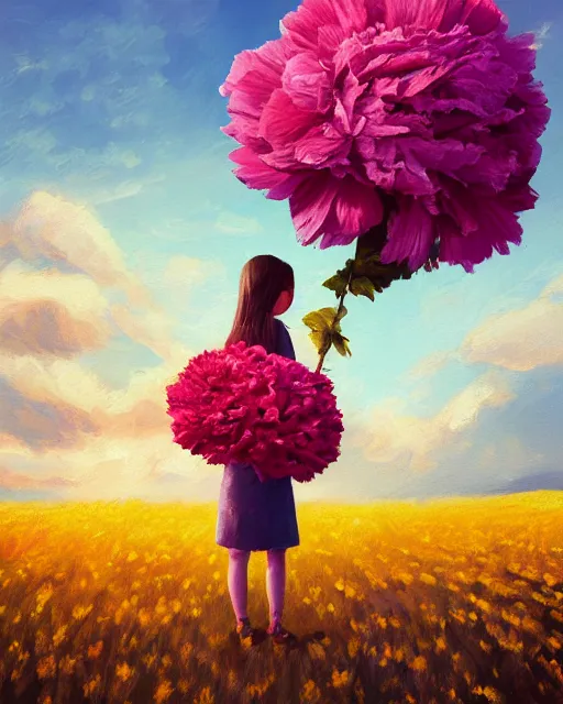 Image similar to girl with a giant carnation as face, surreal photography, flower field, sunset dramatic light, impressionist painting, colorful clouds, blue sky, digital painting, artstation, simon stalenhag