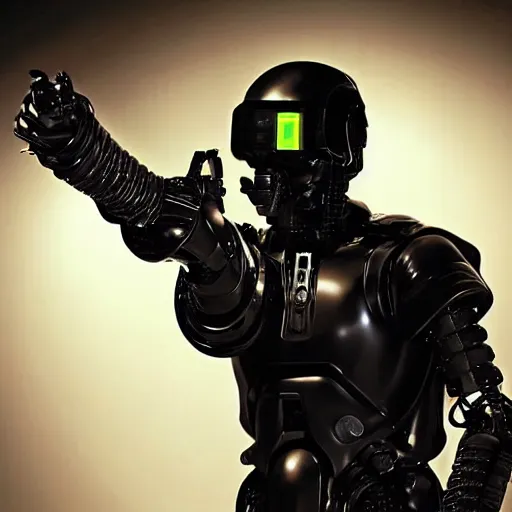 Image similar to eminem wearing a futuristic armored mask with large amber eye reflective lenses, and black leather exoskeleton mechanical body armor. a mini - gunner is attached to the end of a robot arm that mounted to his shoulder - h 6 4 0