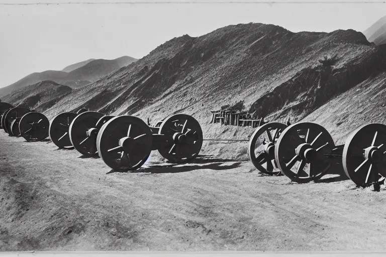 Image similar to artillery pieces entrenched with a beautiful background of hills and mountains, black and white photography, 1 9 0 5