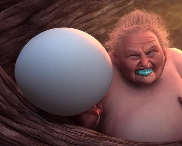 Image similar to of a very beautiful scene. ambient occlusion render. a sweet fat old woman is giving birth a beautiful colorful huge egg. hyper realistic. 4 k. wide angle. wild. symmetrical face, red mouth, blue eyes. deep focus, lovely scene. ambient occlusion render. concept art. unreal engine.