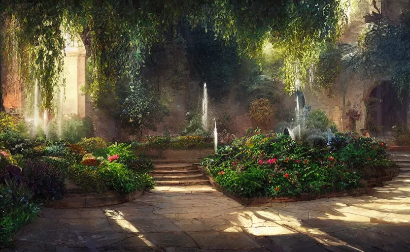 Image similar to Beautiful garden, next to a fountain and a mystical palace, intricate, elegant, volumetric lighting, digital painting, highly detailed, artstation, sharp focus, illustration, concept art, ruan jia, steve mccurry
