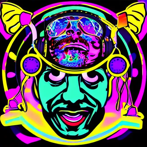 Image similar to svg sticker of a Dancing-Alex-Grey-Psychedelic-Rave-Man, at a rave, spinning records, giant headphones rocking out, wearing headphones, huge speakers, dancing, rave, DJ, spinning records, digital art, amazing composition, rule-of-thirds, award-winning, trending on artstation, featured on deviantart