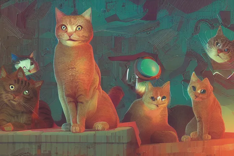 Prompt: beautiful art illustration of a group of happy cats by beeple, highly detailed