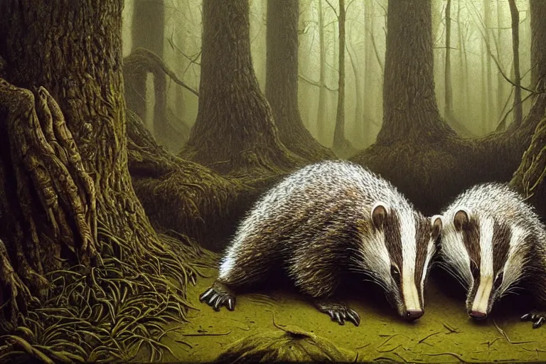 Prompt: photo, badgers having a fight, woodland location, stefan kostic and david cronenberg, realistic, sharp focus, 8 k high definition, intricate, chiaroscuro, elegant, perfect faces, symmetrical face, extremely detailed, hypnotic eyes, realistic, fantasy art, masterpiece zdzislaw beksinski, artgerm