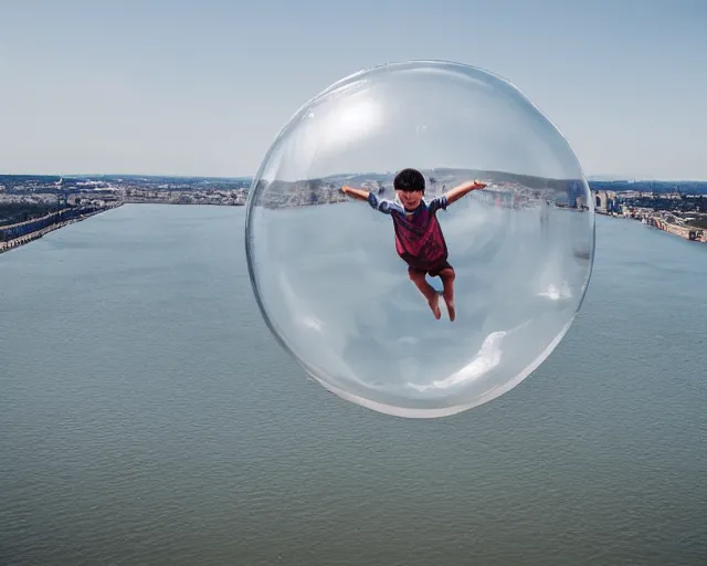 Prompt: boy floating gently down from the sky in a plastic wrapped bubble. aerial footage.