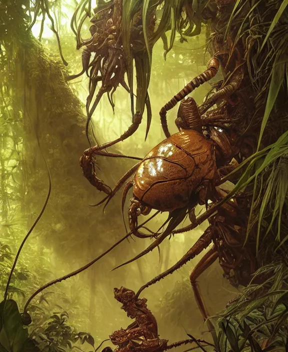 Image similar to intricate earth - toned portrait of a disturbing terrifying alien insect creature, mottling coloring, adorable, childlike, overgrown jungle environment, ultra realistic, concept art, maximalist, photorealistic, octane render, 8 k, unreal engine. art by christopher marley and artgerm and greg rutkowski and alphonse mucha