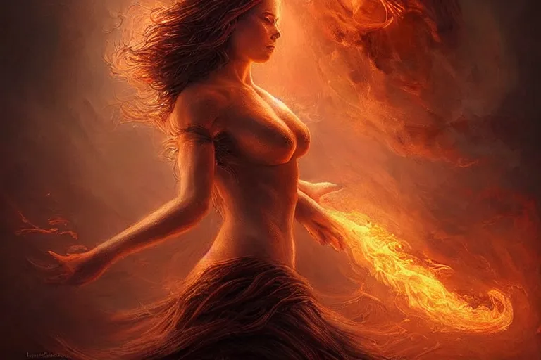 Prompt: Majestic painting of a beautiful young female fire goddess!!, intricate, epic, elegant, menacing, fantasy, highly detailed, digital painting, hard focus, beautiful volumetric lighting, epic light, ultra detailed, souls, smoke, by Leesha Hannigan, Ross Tran, Thierry Doizon, Kai Carpenter, Ignacio Fernández Ríos