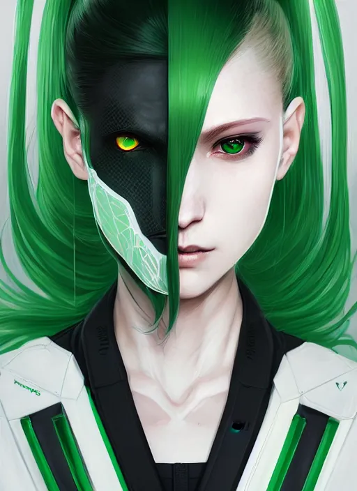 Prompt: close up portrait of a vampire, green and white techwear, flowing ponytail hair, tacticool, symmetry face, science fantasy, extremely detailed, holographic, smooth, digital illustration, by, kuvshinov ilya, james jean, by rossdraws, frank franzzeta, sakimichan, jeremy lipking