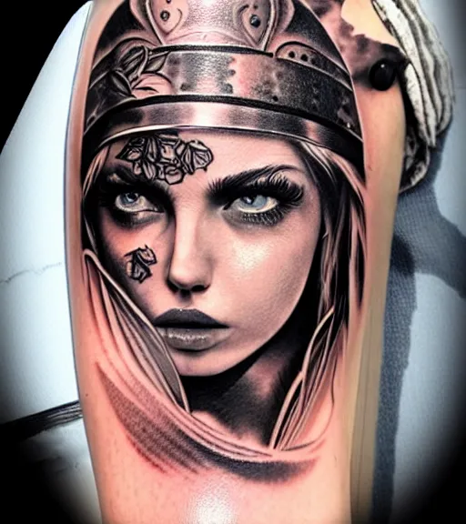 Image similar to tattoo design on white background of a beautiful girl warrior, roses, hyper realistic, realism tattoo, by eliot kohek, beautiful eyes, realistic face, black and white