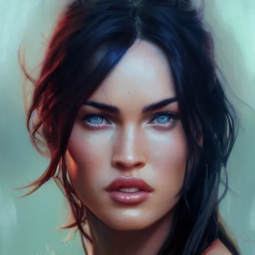 Prompt: megan fox, colorful oil painting by greg rutkowski, charlie bowater, yuumei, yanjun cheng, unreal 5, daz, hyperrealistic, octane render, rpg portrait, dynamic lighting, fantasy art, beautiful face