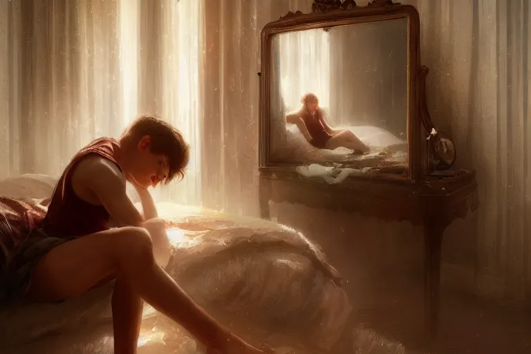 Prompt: a beautiful picture of a teenager looks at himself in the mirror in the luxurious bedroom, by greg rutkowski and thomas kinkade, trending on artstation