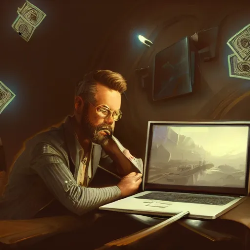 Image similar to realistic rich man using laptop in gaming room, money on floor, artstation trends, sci fi concept art, highly detailed, intricate, sharp focus, digital art, 8 k