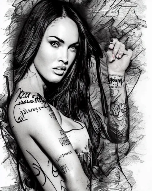 Image similar to double exposure effect tattoo sketch of a megan fox faded with a beautiful mountain scenery, in the style of matteo pasqualin, amazing detail, sharp