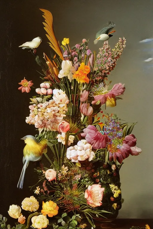 Image similar to painting of paradise birds flowers in a vase on a table, by rachel ruysch, ernst haeckel, audubon, dutch golden age, pop surrealism, biomorphic, made of birds and feathers