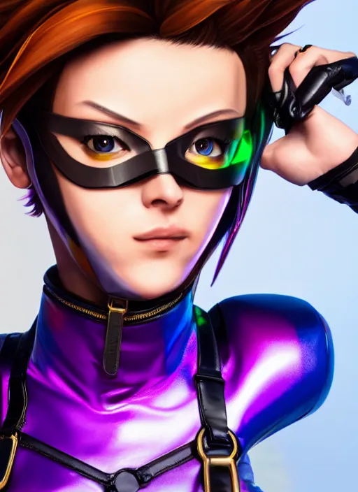 Image similar to portrait bust digital artwork of tracer overwatch, wearing iridescent rainbow latex and leather straps catsuit outfit, 4 k, expressive happy whistling face, makeup, in style of mark arian, angel wings, wearing detailed leather collar, chains, black leather harness, detailed face and eyes,