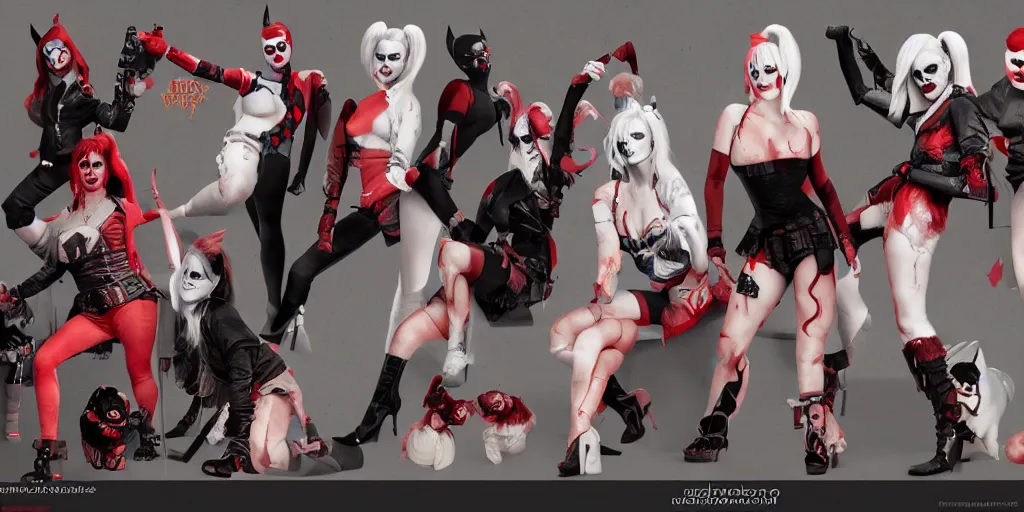 Image similar to margot robbie as scary harley quinn, character sheet, concept design, contrast, hot toys, kim jung gi, greg rutkowski, zabrocki, karlkka, jayison devadas, trending on artstation, 8 k, ultra wide angle, pincushion lens effect