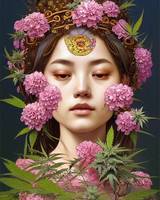 Image similar to portrait of goddess gaea, flowery face, upper body, decorated with cannabis flowers, traditional chinese art, intricate, elegant, highly detailed, digital painting, artstation, concept art, smooth, sharp focus, illustration, art by artgerm and greg rutkowski and alphonse mucha, 8 k