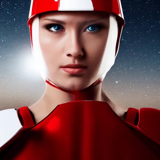 Image similar to headshot of an beautiful female soldier in glossy sleek white armor with tiny red details and a long red cape, downward angle, determined expression, on the surface of mars, night time, dramatic lighting, cinematic, sci-fi, hyperrealistic