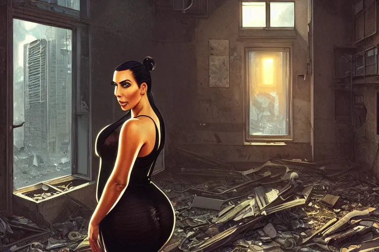 Image similar to cop kim kardashian inside a derelict apartment, glowing walkie talkie, realistic portrait, symmetrical, highly detailed, digital painting, artstation, concept art, smooth, sharp focus, illustration, cinematic lighting, art by artgerm and greg rutkowski and alphonse mucha