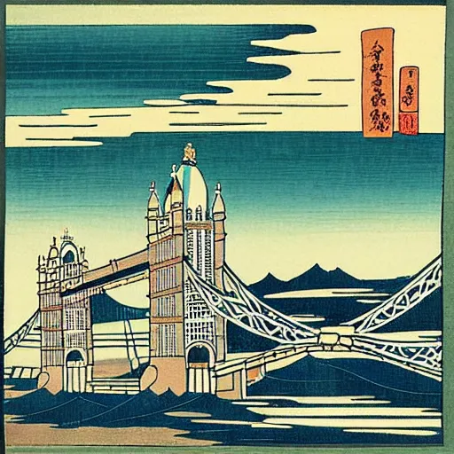 Image similar to “ tower bridge in london city in the style of a woodblock print by the japanese ukiyo - e artist hokusai ”