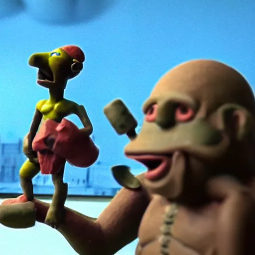 Prompt: A ancient moleman warrior defends his city. In claymation.